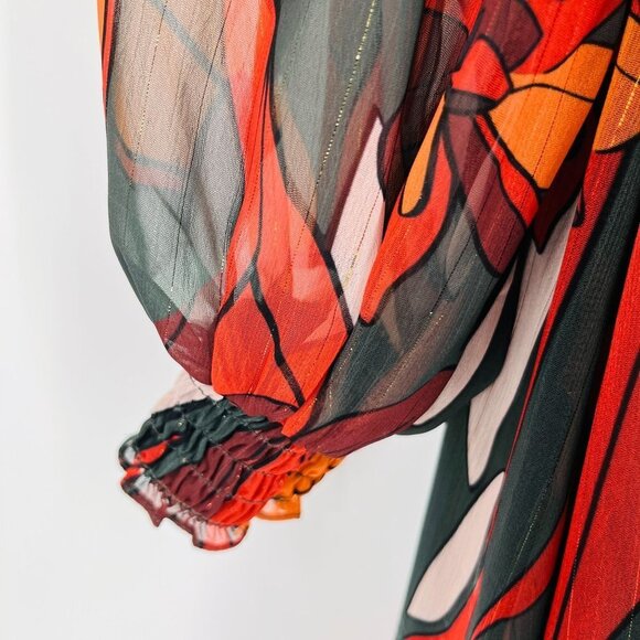 Forest Lily Mini Dress Size XS High Neck, Elastic Waist Fall Print Metallic - Picture 7 of 16